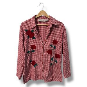 Bedford Fair Red & White Gingham Button-Down Shirt Floral Embroidery